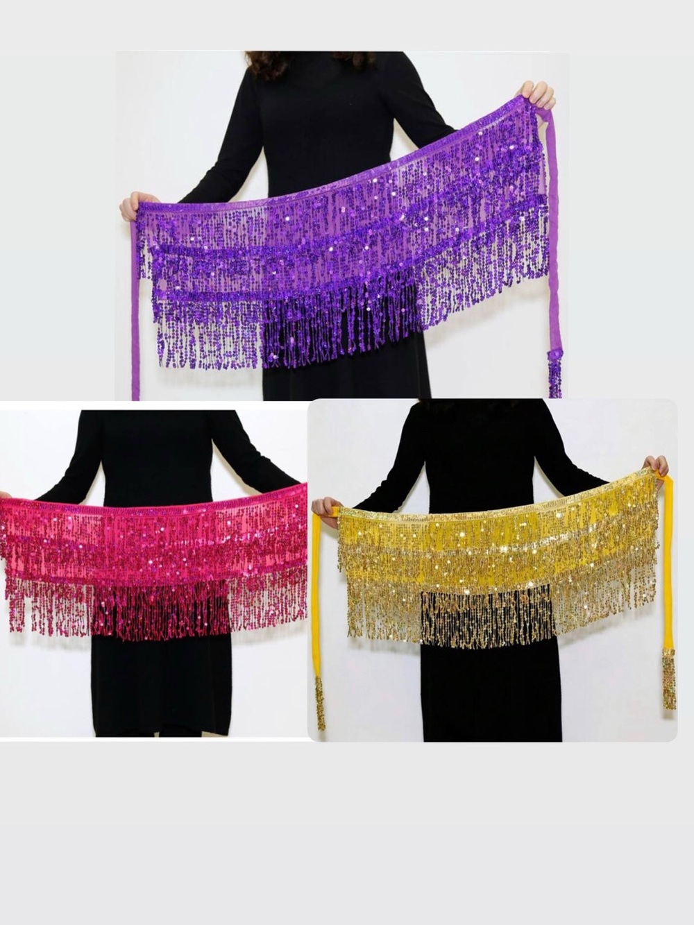 Set of 3 holographic Sequin Fringe Hip wrap Scarf - Purple, Pink, Gold